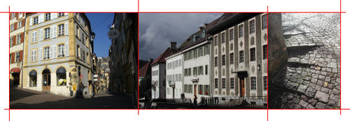 De gauche à droite: centre de de Neuchâtel - La Chaux-de-Fonds, rue de la Promenade - pavage à Neuchâtel